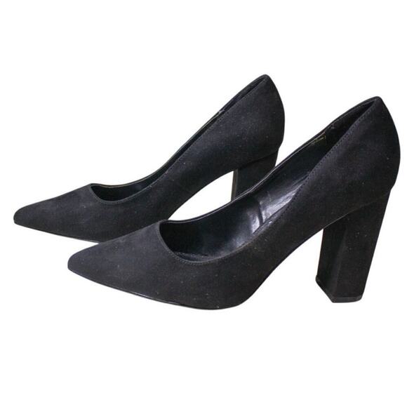 Lulus Black Faux Suede Pumps Block High Heels Pointed Toe Minimalist - Picture 1 of 6